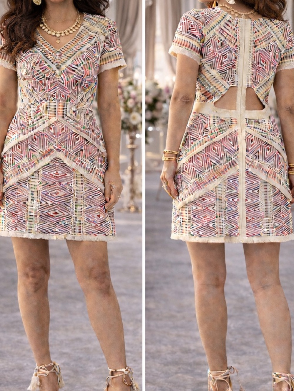Adelyn Rae Jaylene Woven Sheath Dress | Embroidered Cutout Back | XS - Picture 15 of 15